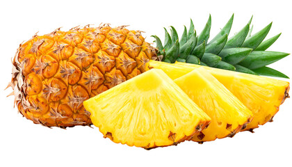 A whole pineapple with cut slices displaying its bright yellow flesh against a black backdrop