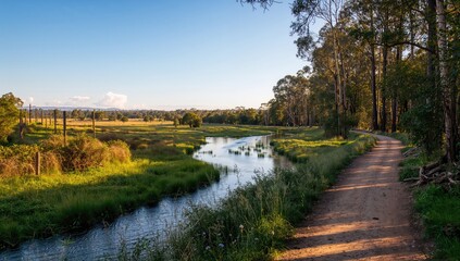 Peaceful countryside trail beside a river, embraced by natural scenery, ideal for relaxing walks.