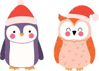 Colorful Holiday Christmas Vector Set Featuring owl and penguin. Whimsical holiday doodles ideal for festive projects. Includes ornaments, gift. Vector illustration
