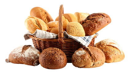 A wicker basket overflowing with various types of golden brown, crusty loaves of fresh-baked bread