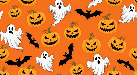 Orange Pattern Background with Repeating Halloween Icons of Pumpkins, Ghosts, and Bats	

