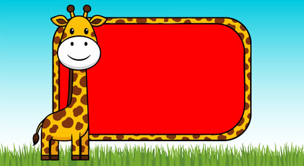 Cheerful giraffe cartoon character with a red frame against a blue and green backdrop