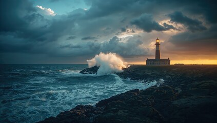 Fototapeta premium Beacon tower by the ocean beneath the sky