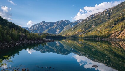 The stunning view of a serene lake surrounded by lush nature