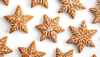 Star-shaped gingerbread cookies decorated with sugar icing, isolated on a white backdrop. Festive holiday treats