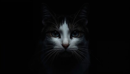 Fototapeta premium Close-up portrait of a black and white cat's face emerging from the shadows