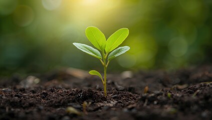 Fototapeta premium Vibrant green sprout rising from moist earth with soft-focus leaves around, representing natural growth