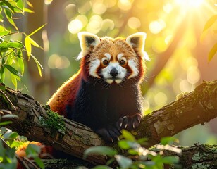 A red panda sitting comfortably on a thick tree branch, surrounded by green leaves, sunlight filtering through the forest