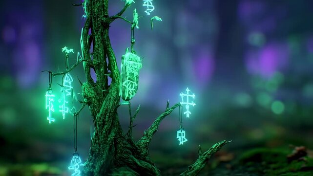 Enchanted Forest Tree with Glowing Runes - A Mystical Scene.