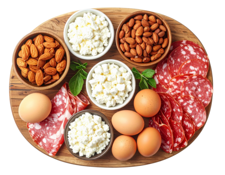  Gesunde Eiweißquellen mit Milchprodukten, Nüssen und Geflügelaufschnitt, Flatlay-Komposition, isoliert