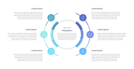 Naklejka na ściany i meble A colorful vector infographic featuring 6 connected rounded elements with marketing icons. Perfect for presenting business processes, workflows, and strategies in a professional format. Naklejka na ściany i meble A colorful vector infographic featuring 6 connected rounded elements with marketing icons. Perfect for presenting business processes, workflows, and strategies in a professional format.