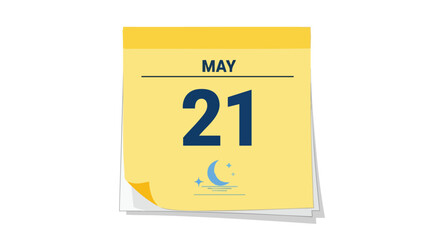 A Minimalist Calendar Showing May 21st with a Crescent Moon, Representing Night and Time Keeping on a Pale Yellow Backdrop
