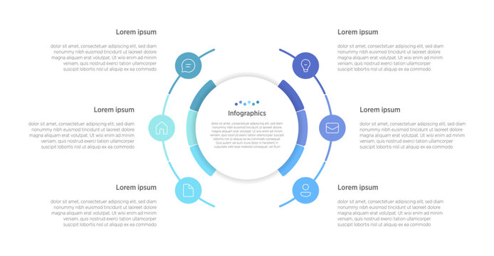A colorful vector infographic featuring 6 connected rounded elements with marketing icons. Perfect for presenting business processes, workflows, and strategies in a professional format.