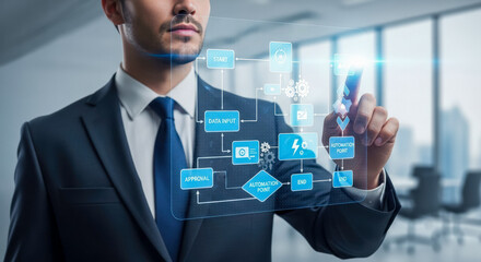 Workflow automation and business process management concept, professional man drawing flowchart on virtual interface, corporate operations and project development diagram