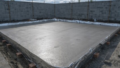 Freshly poured concrete base plate wrapped in plastic to retain moisture