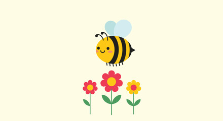 Cartoon Bee Hovering Over Flowers in a Garden Illustration.