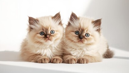 Two small Thai breed kittens basking in sunlight. Adorable blue-eyed cats against a white backdrop.