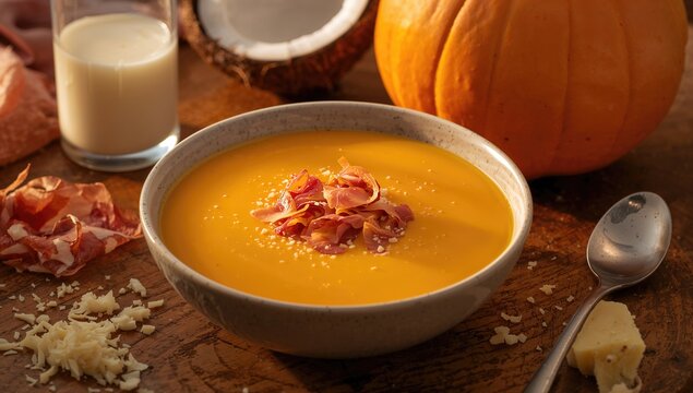 Creamy Pumpkin Soup Served with Prosciutto on a Dining Table