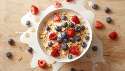 Healthy morning meal featuring cornflakes, milk, and fresh berries