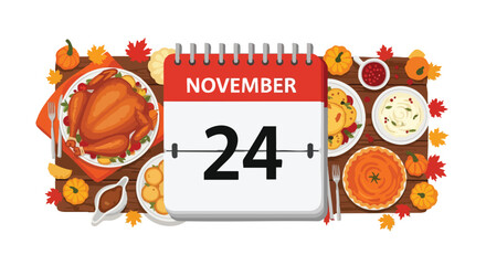 Festive Thanksgiving Feast with Calendar Marking the Holiday Date as November 24th Celebration Day