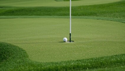 Obraz premium A golf ball rests close to the cup on the putting green.