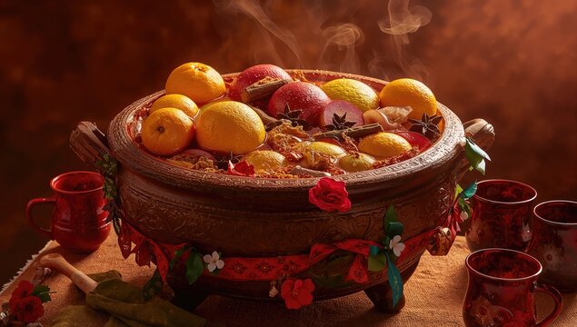 Traditional Christmas hot punch with Mexican fruits