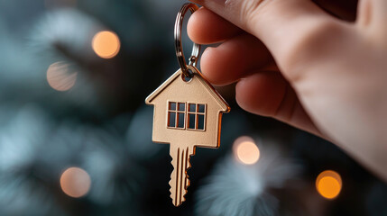 Person's hand extending keys and a house-shaped keychain, signifying themes of buying a new home, securing property, future home plans, or a special Christmas present