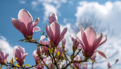 Obraz premium Sunlit pink magnolia blossoms showcasing vibrant and graceful charm