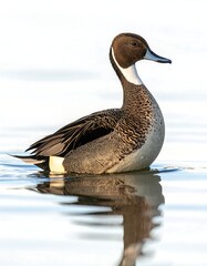 Elegant waterfowl with distinctive markings floats gracefully on a body of water, reflected below