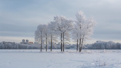 Obraz premium Winter landscape with snow-covered trees and buildings, isolated in a snowy forest