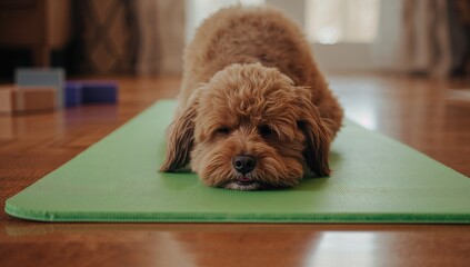 A canine practicing yoga indoors on a green exercise mat