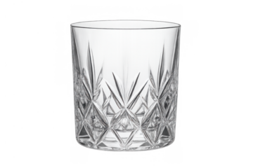Empty cut crystal glass tumbler on transparent background, ideal for drinks, alcohol, beverage and upscale design assets