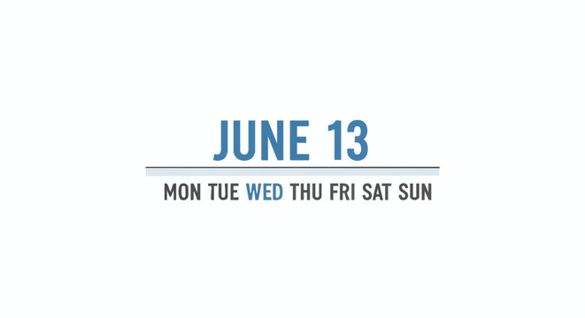 A Minimalist June Thirteenth Calendar Reminder, Showing the Day of the Week, a Clean and Modern Design for Scheduling and Events, simple and elegant