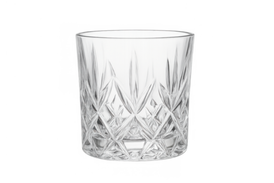 Empty crystal rocks glass with cut pattern transparent background, a classic tumbler for spirits and beverages