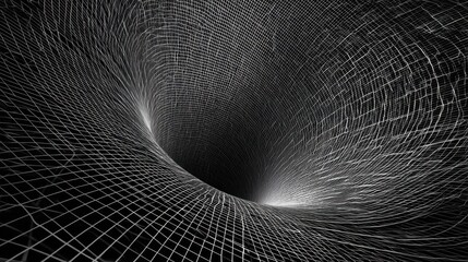 Abstract representation of a black hole with wireframe mesh creating illusion of depth and space distortion