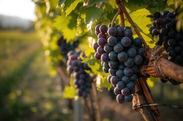 Naklejka premium Mature organic Gamay Noir grapes growing on vines in a scenic vineyard.