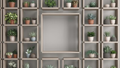 Floating square shelves featuring succulents and open areas