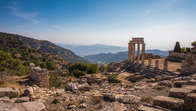 Ancient stone structures in a mountainous archaeological site for hiking and sightseeing