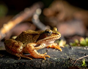 A close-up shot of a frog, basking in dappled sunlight, resting on a moss-covered log