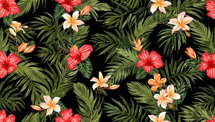 Tropical floral seamless design with vibrant hibiscus, plumeria flowers, and lush palm leaves on a dark background