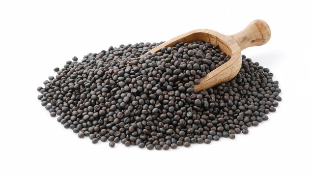 Wooden scoop filled with dried beluga lentils on a white surface