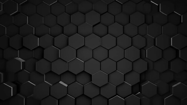 Dark geometric background features a pattern of raised black hexagon shapes