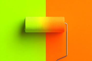 Obraz premium Bold Color Transition, Paint Roller Bridging Neon Green and Vibrant Orange, a Study in Contrast and Application Tool