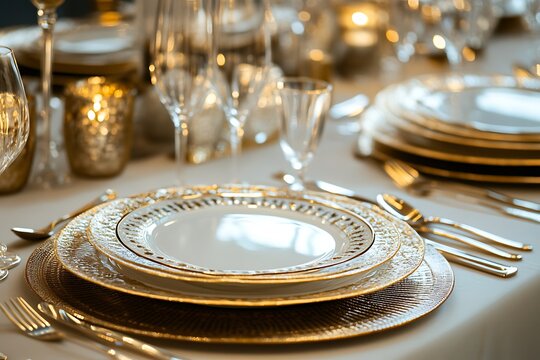 Illustration of exquisite table setting with goldrimmed plates, glasses, and cutlery for a luxurious dining experience
