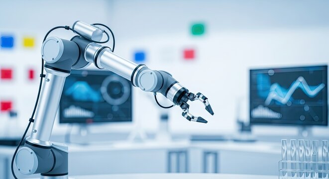 A robotic arm in a laboratory setting, with a computer monitor displaying graphs and data.