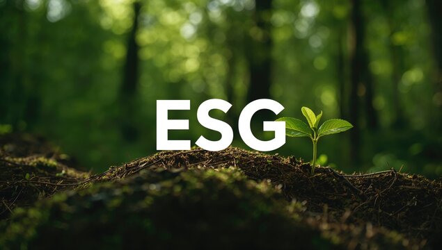 ESG icon representing environmental, social, and governance principles on a natural backdrop. Ethical finance and sustainable business investment ideas.