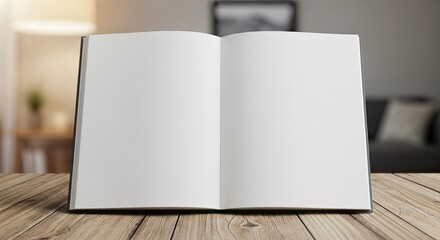 An open book on a wooden table with a blurred background.