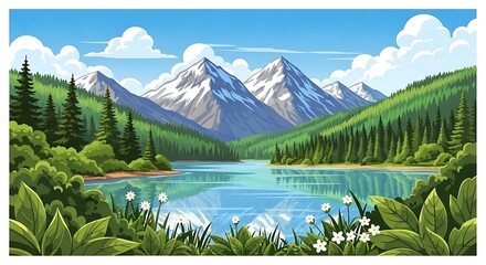 Serene mountain landscape with a clear lake and lush green forests under a blue sky