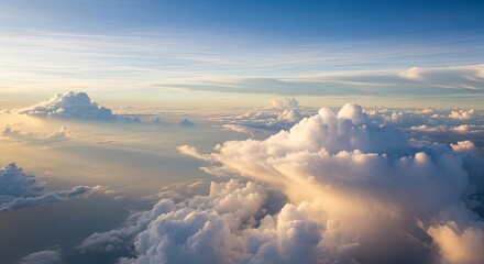 Fototapeta premium A breathtaking view of a vast expanse of clouds stretching across the sky, illuminated by the soft glow of the setting sun, creating a serene and ethereal atmosphere.