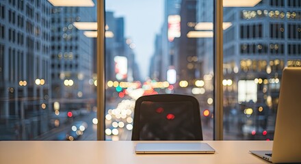 An empty office desk with a laptop and a chair in front of a window with a cityscape view.